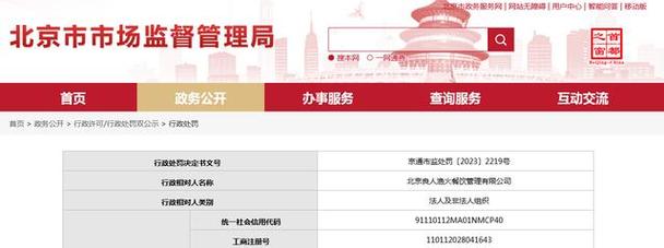 北京良人渔火餐饮管理被罚款2000元